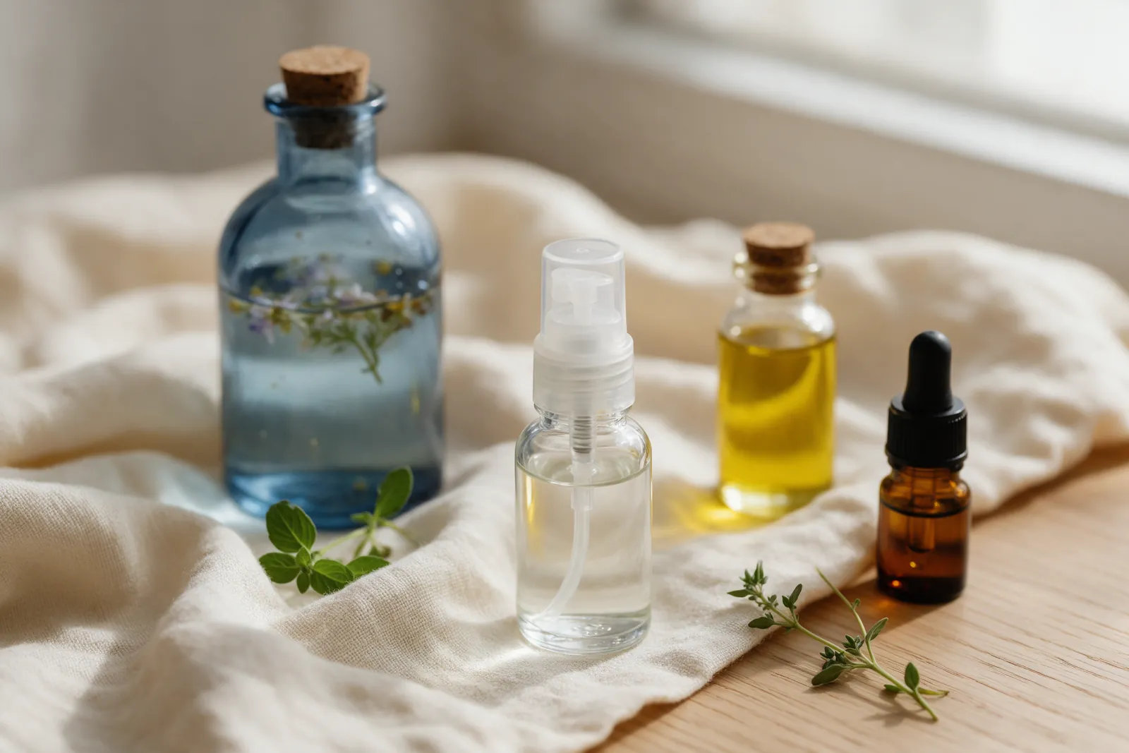 Petit flacon pompe en verre entouré d'une bouteille d'hydrolat, d'une huile végétale et d'une fiole d'huile essentielle