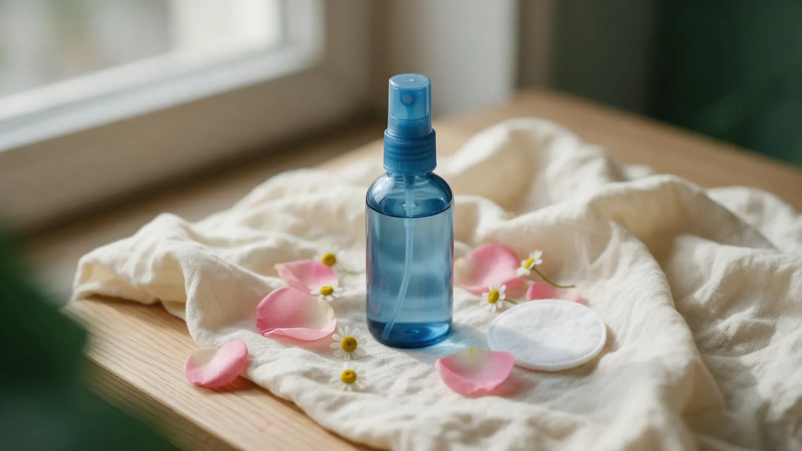 Flacon d'hydrolat en verre bleu posé sur un linge crème, avec des fleurs fraîches et un coton