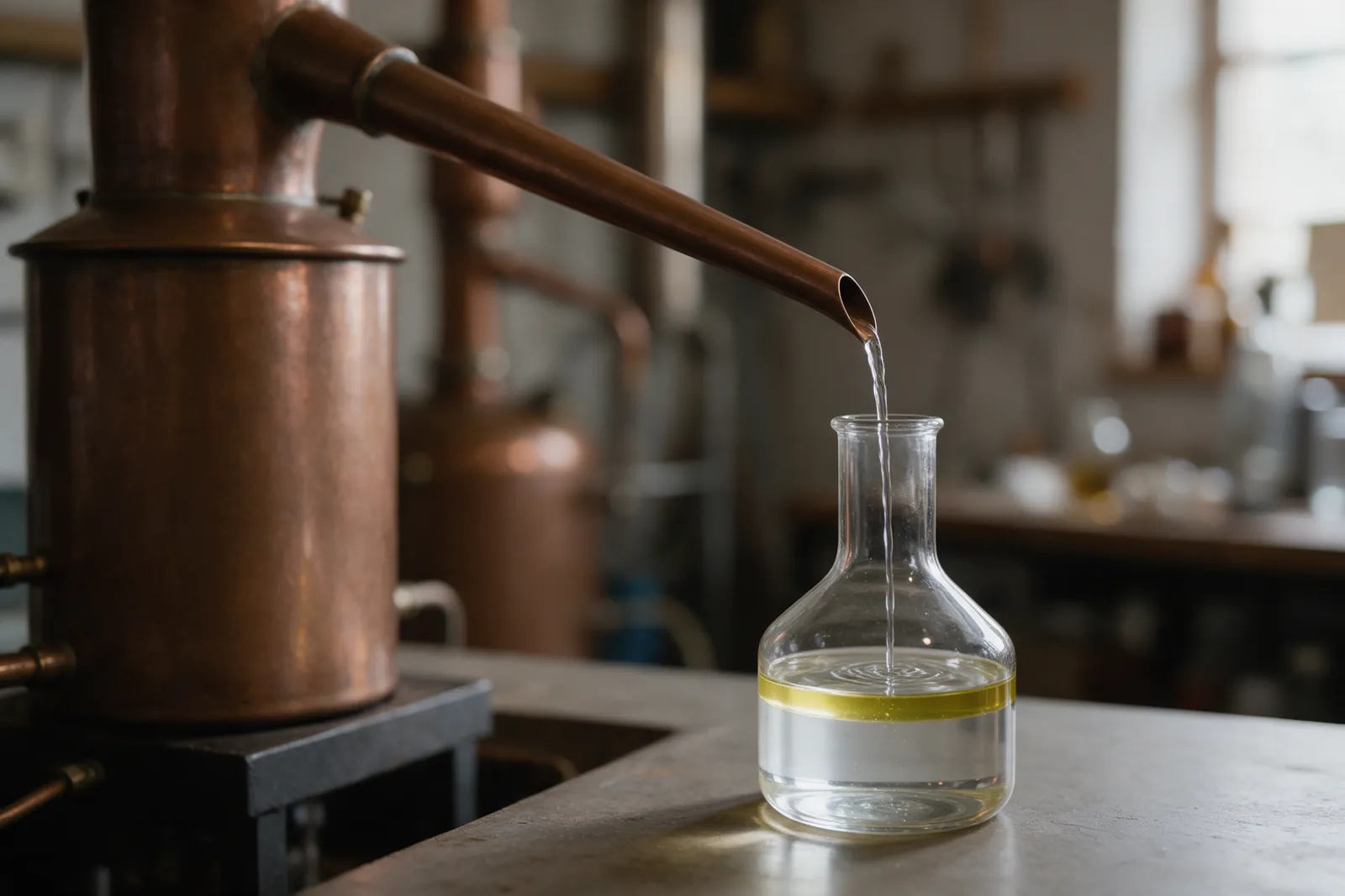 Alambic en cuivre dans une distillerie artisanale, filet de distillat coulant dans un vase florentin