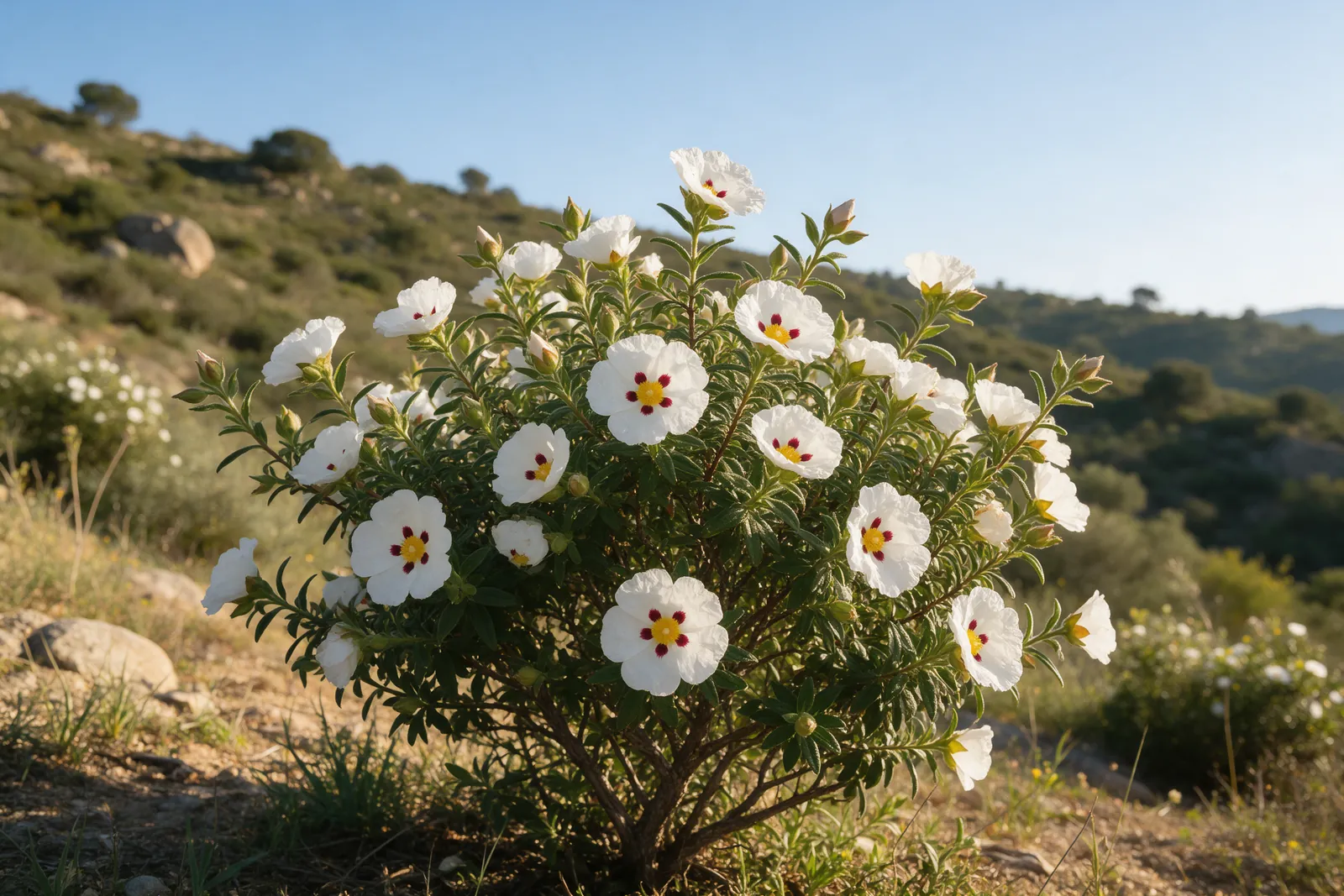 Arbuste de ciste ladanifère en fleur sur une colline méditerranéenne