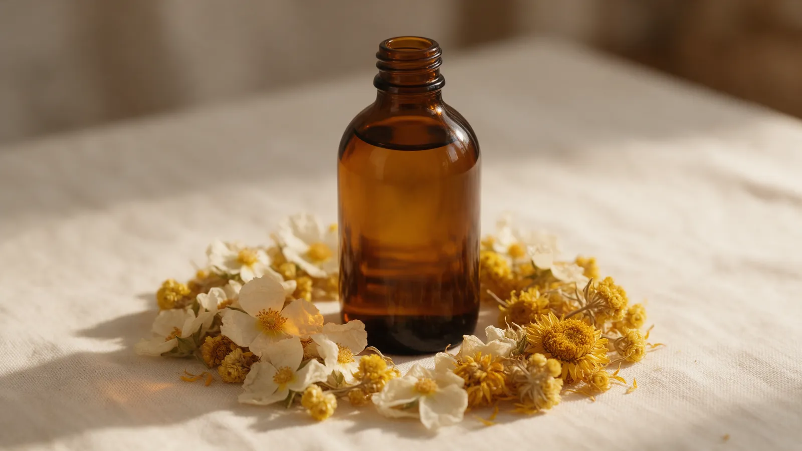 Fleurs de ciste et d'immortelle séchées autour d'un flacon d'eau florale ambré, lumière chaude