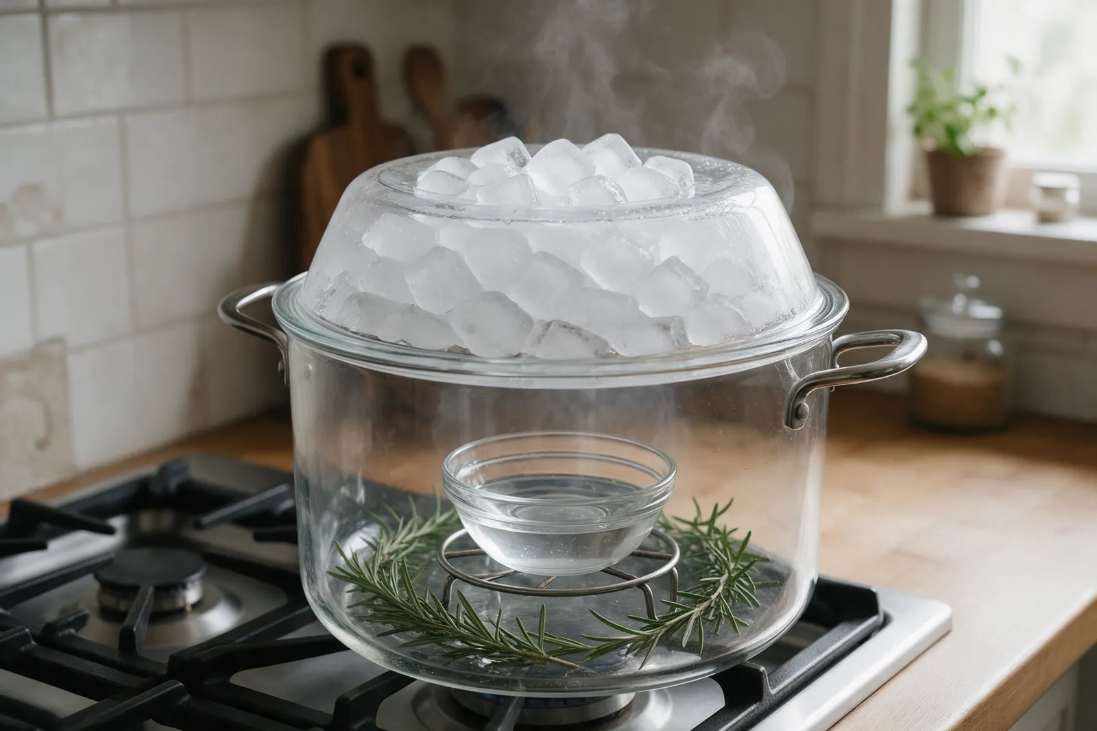 Casserole avec couvercle retourné garni de glaçons, bol au centre recueillant le distillat, branches de romarin
