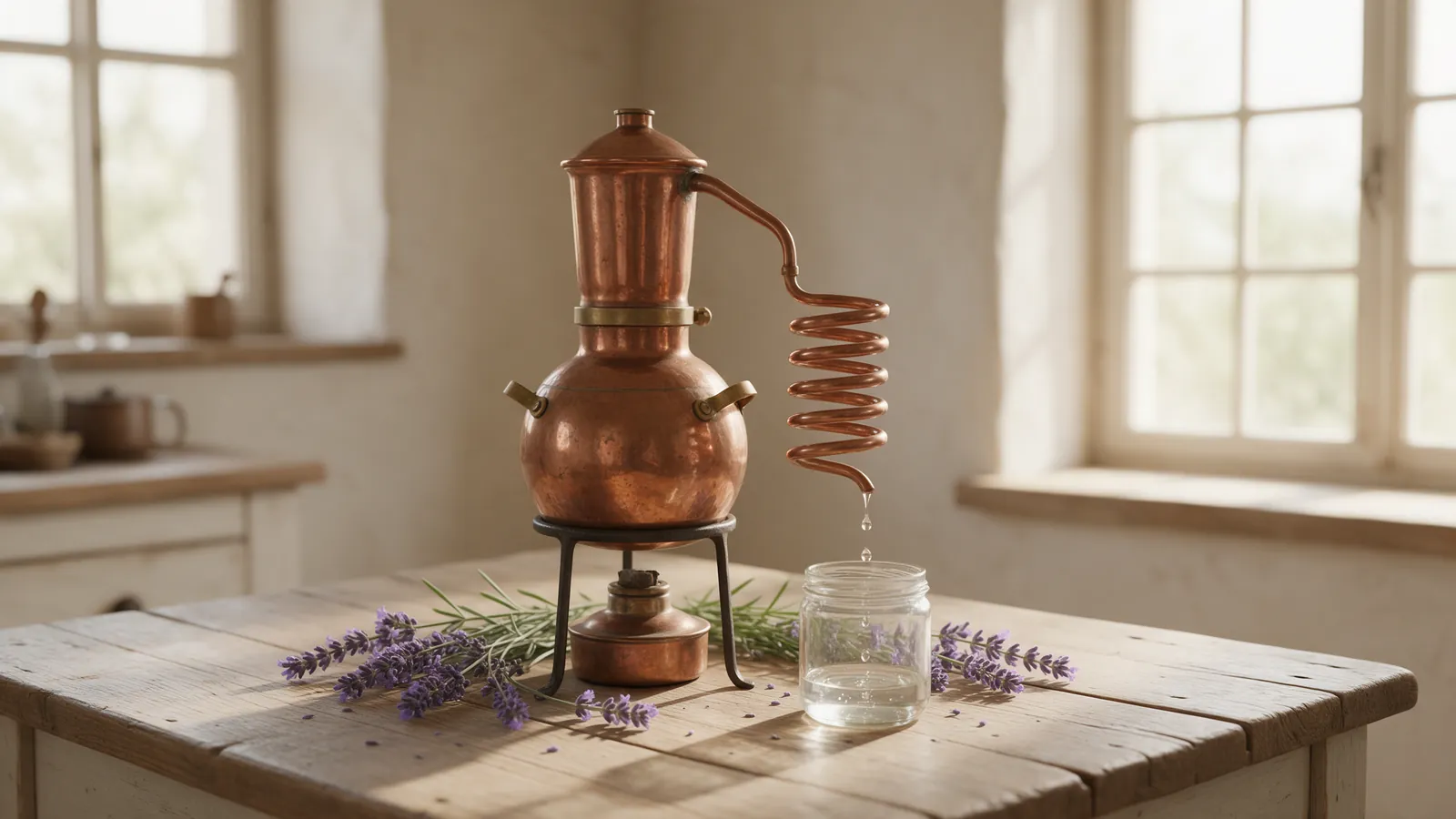 Petit alambic en cuivre sur une table de cuisine, avec des branches de lavande et un bocal qui recueille le distillat