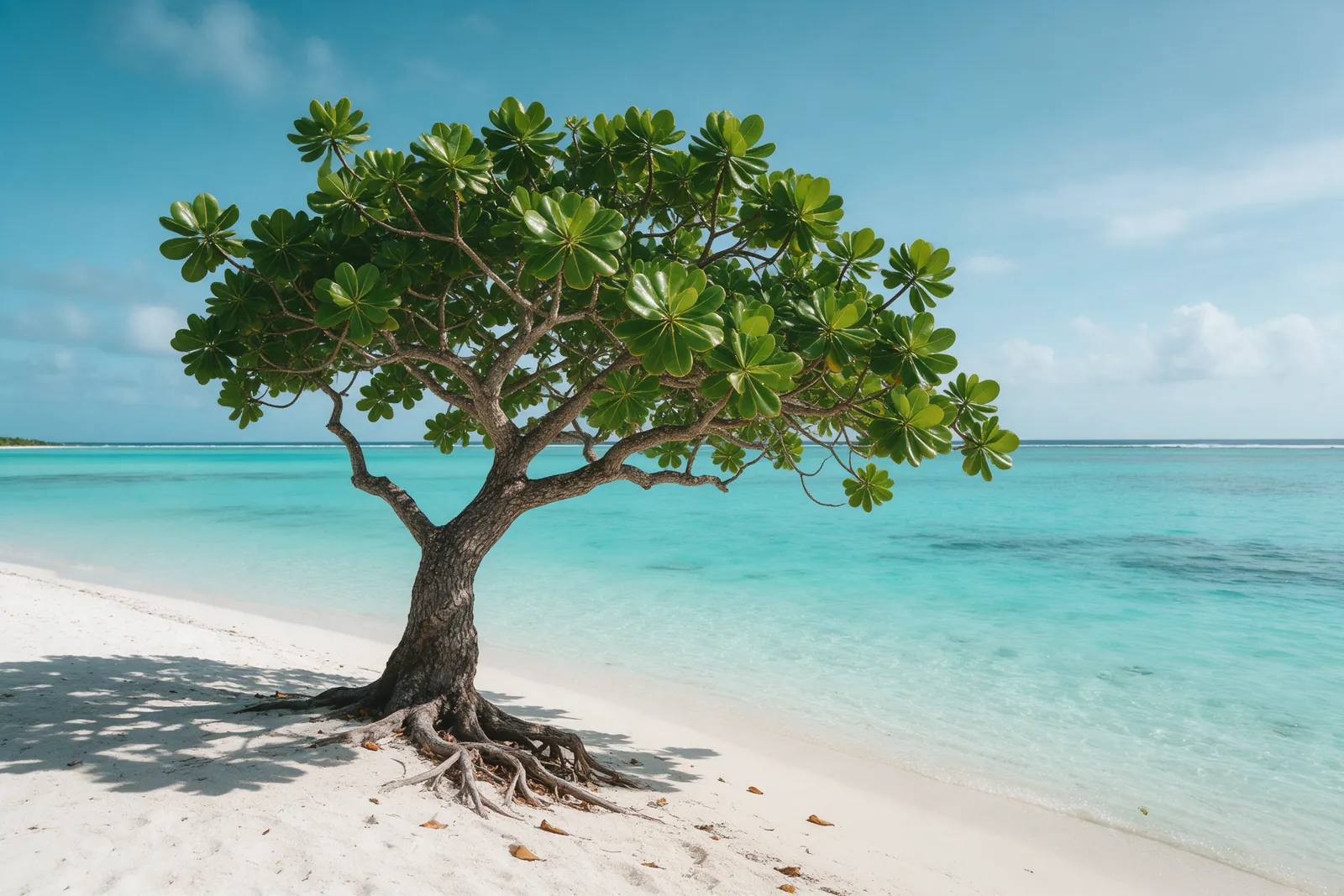 Arbre de calophylle au bord d'un lagon polynésien, feuillage vert brillant