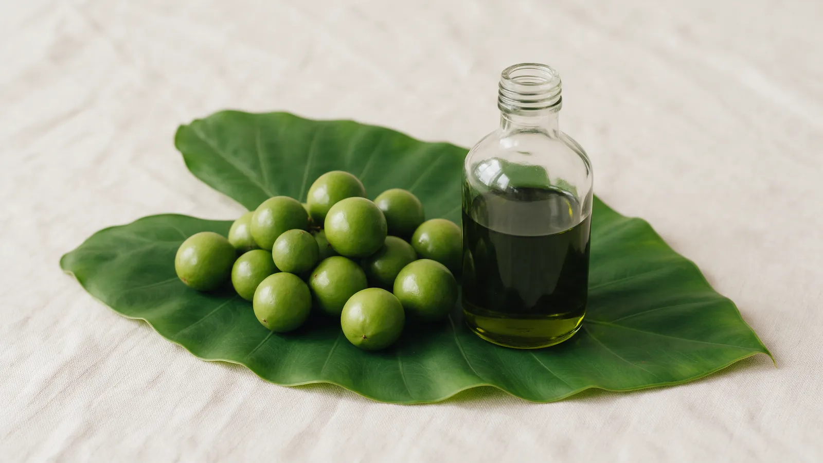 Fruits ronds de calophylle et flacon d'huile végétale verte posés sur une feuille de palmier