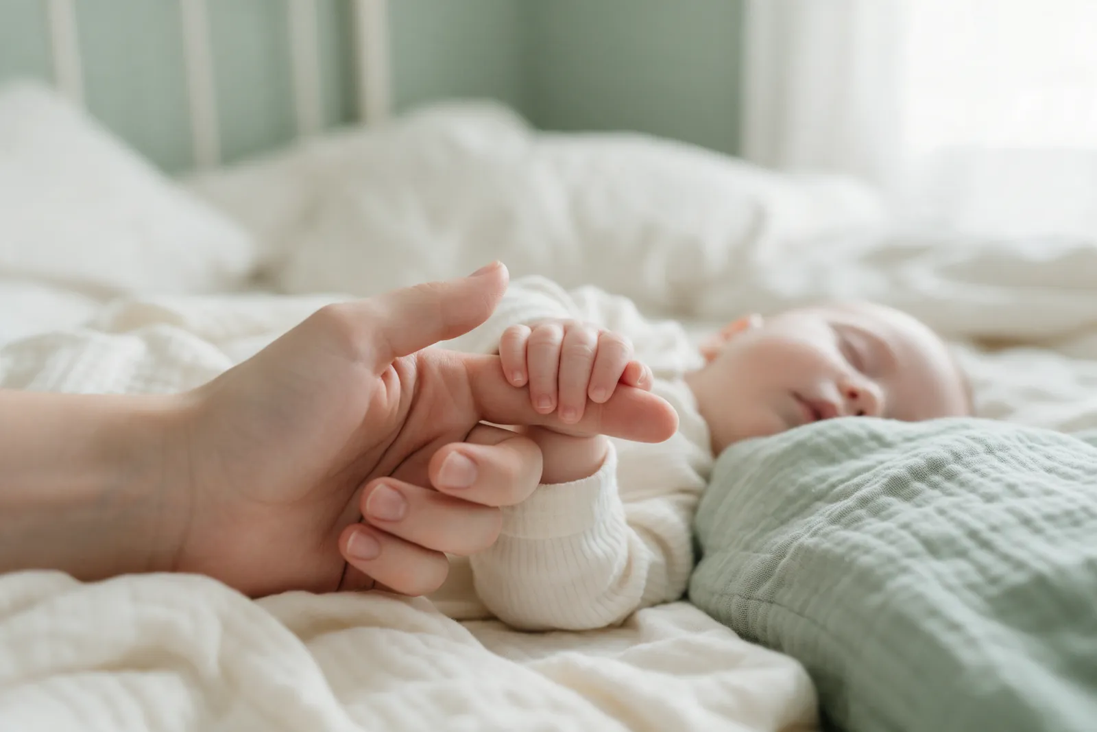 Parent tenant la main d'un bébé endormi dans une chambre calme et aérée