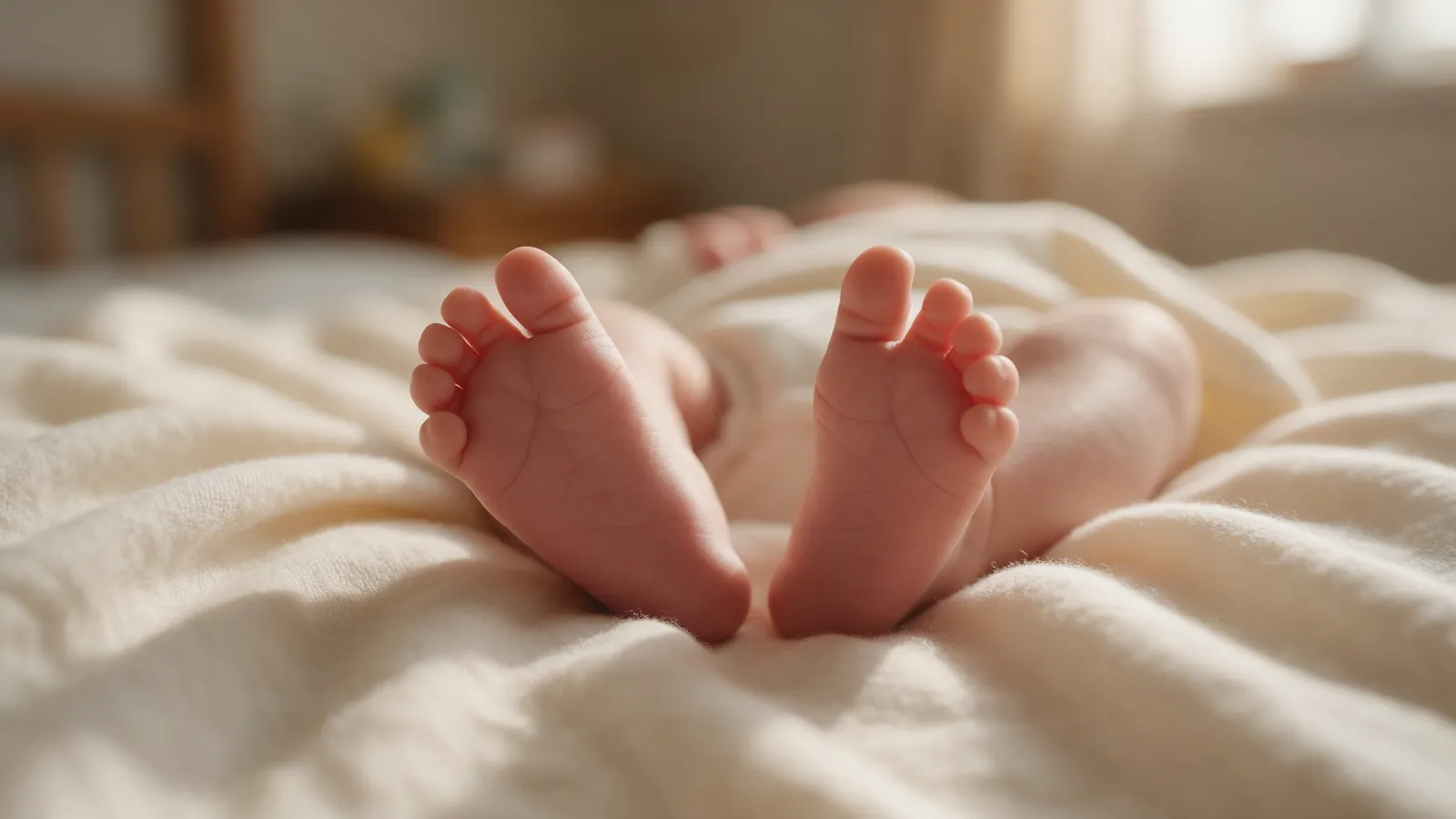 Pieds d'un nourrisson posés sur une couverture en coton crème, lumière douce