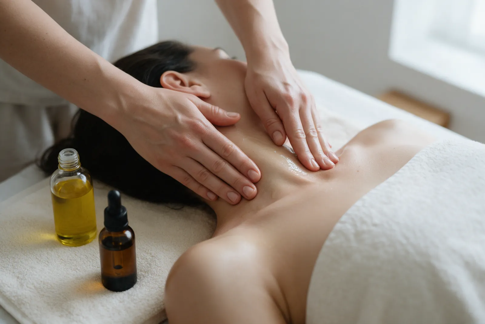 Mains qui massent la nuque avec une huile, flacon d'huile végétale et fiole d'huile essentielle à côté
