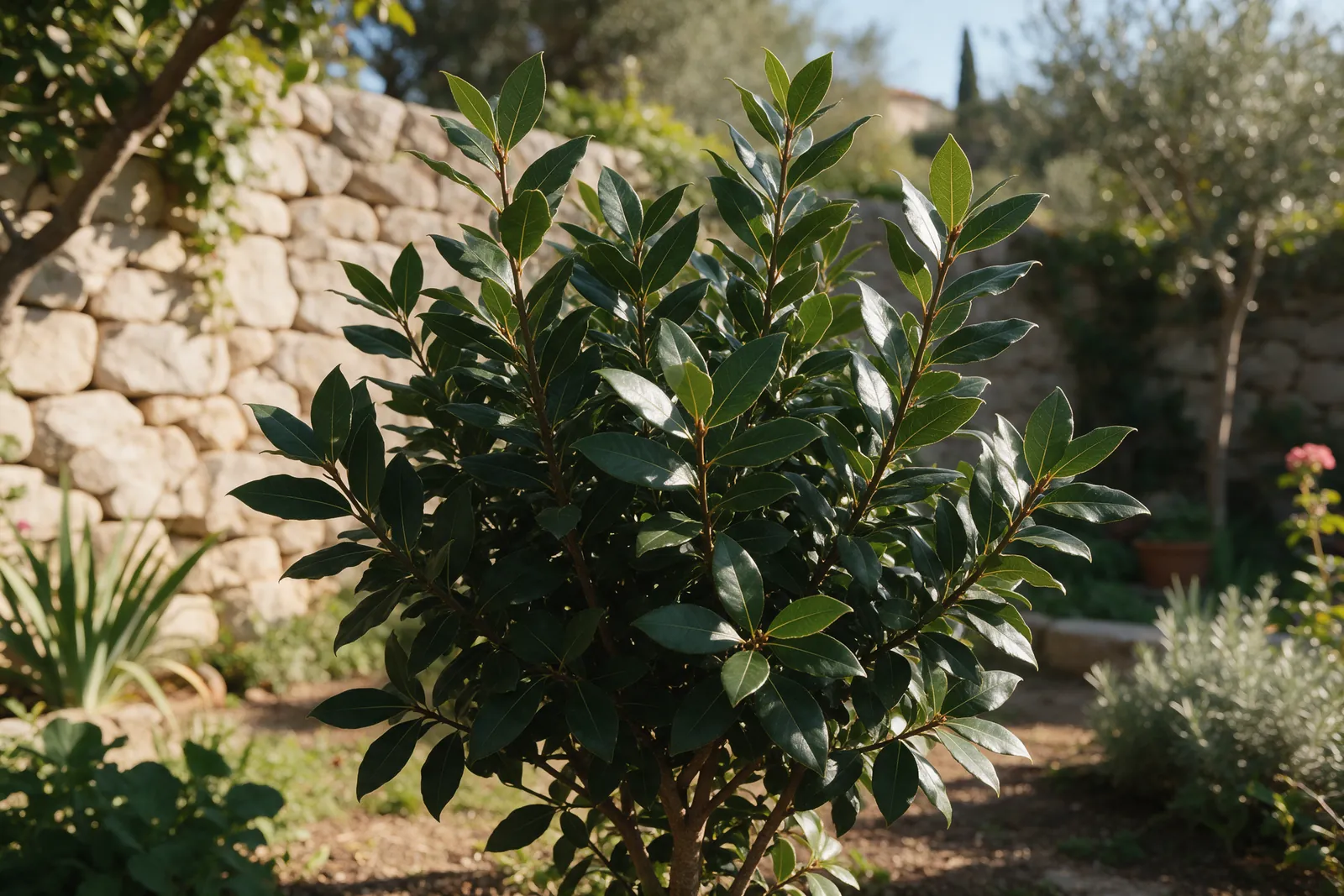 Arbuste de laurier noble dans un jardin méditerranéen, feuilles vert sombre au soleil