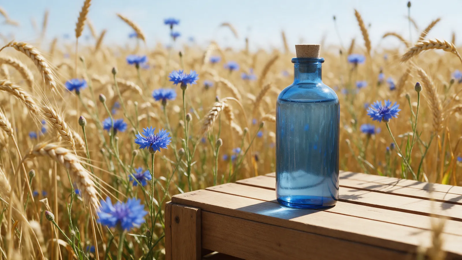 Fleurs de bleuet bleu vif dans un champ de blé, flacon d'hydrolat posé au premier plan