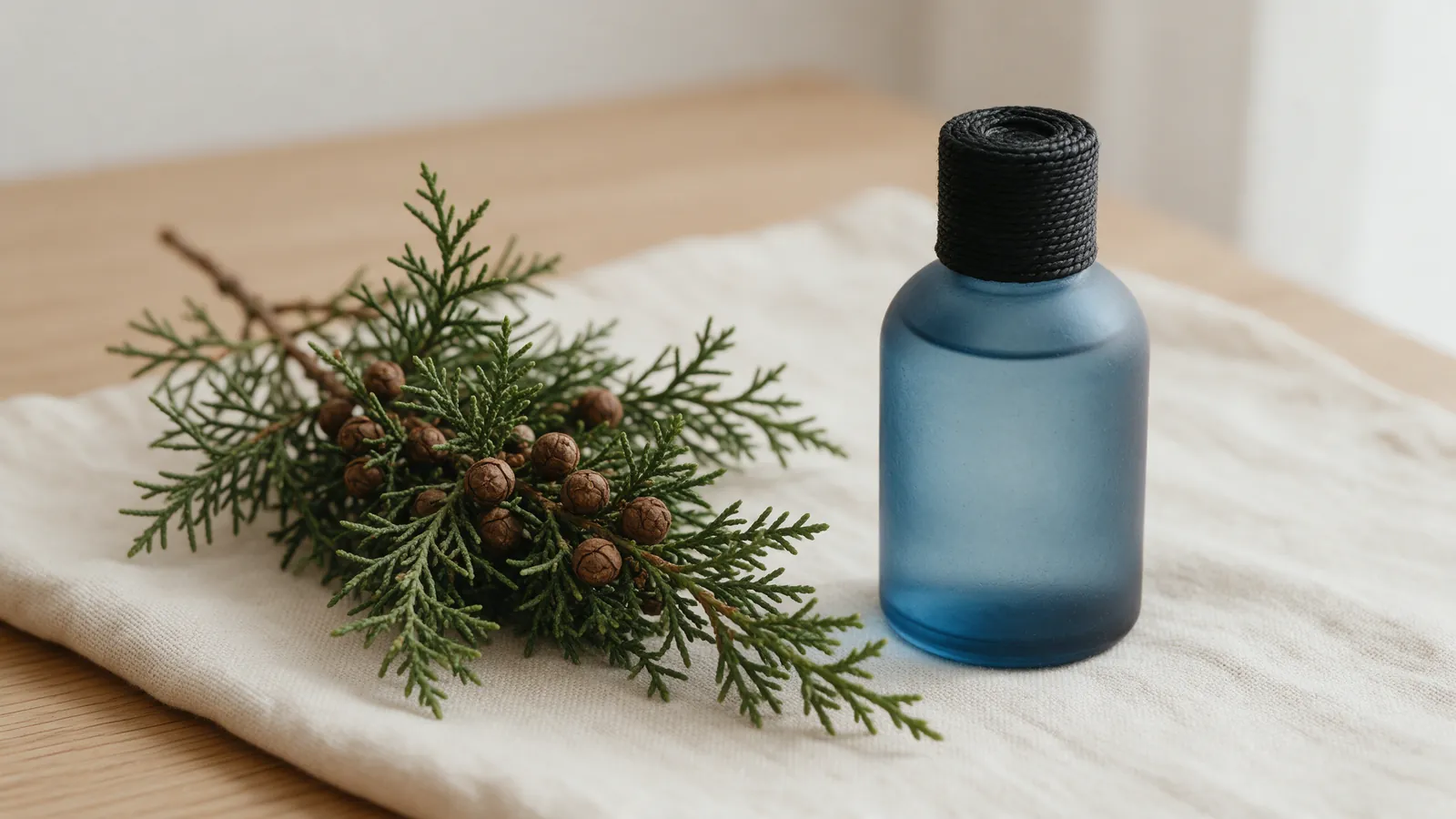 Rameaux de cyprès toujours vert avec leurs cônes, posés près d'un flacon d'hydrolat en verre bleu