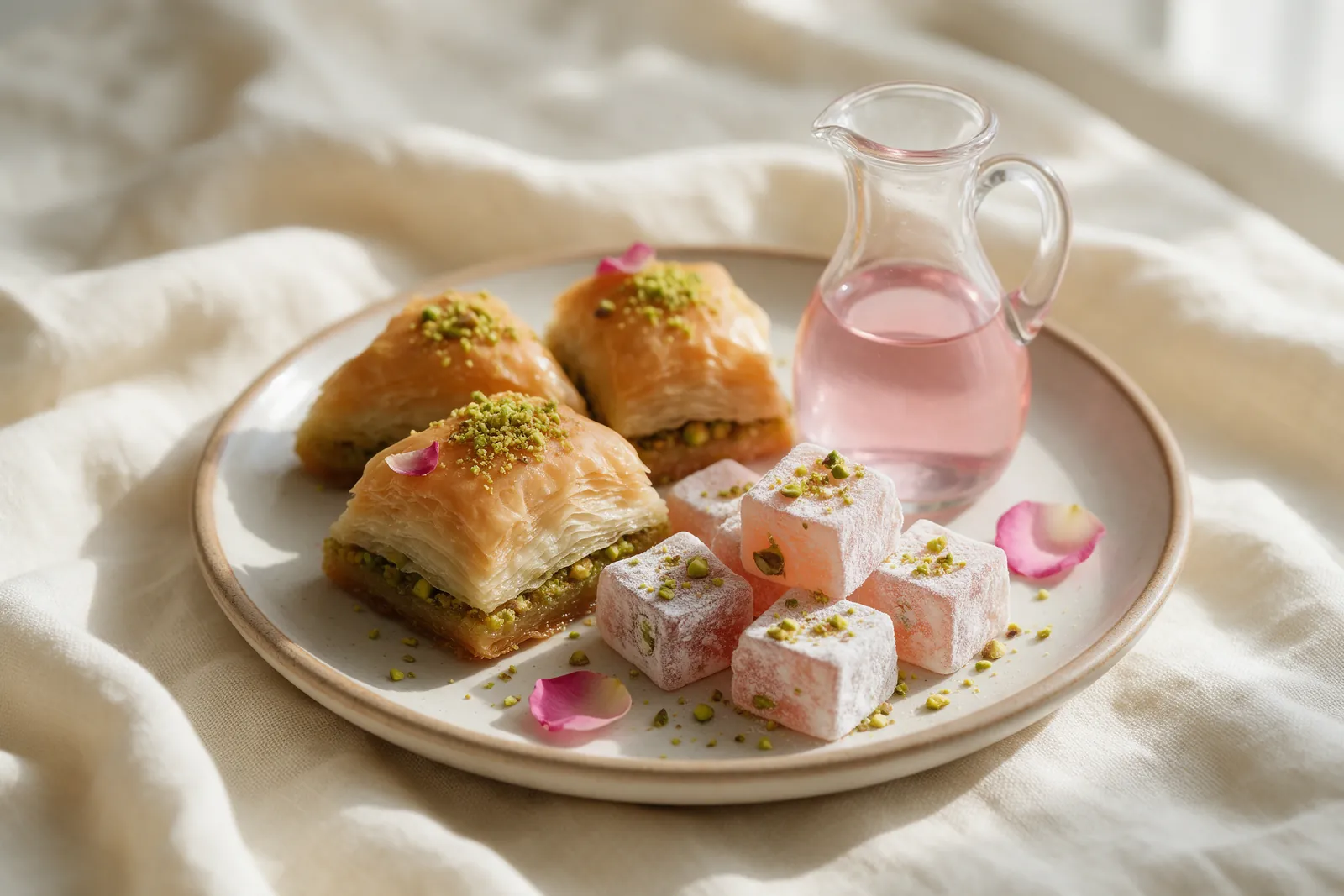 Pâtisserie orientale saupoudrée de pistaches à côté d'une petite carafe d'eau de rose