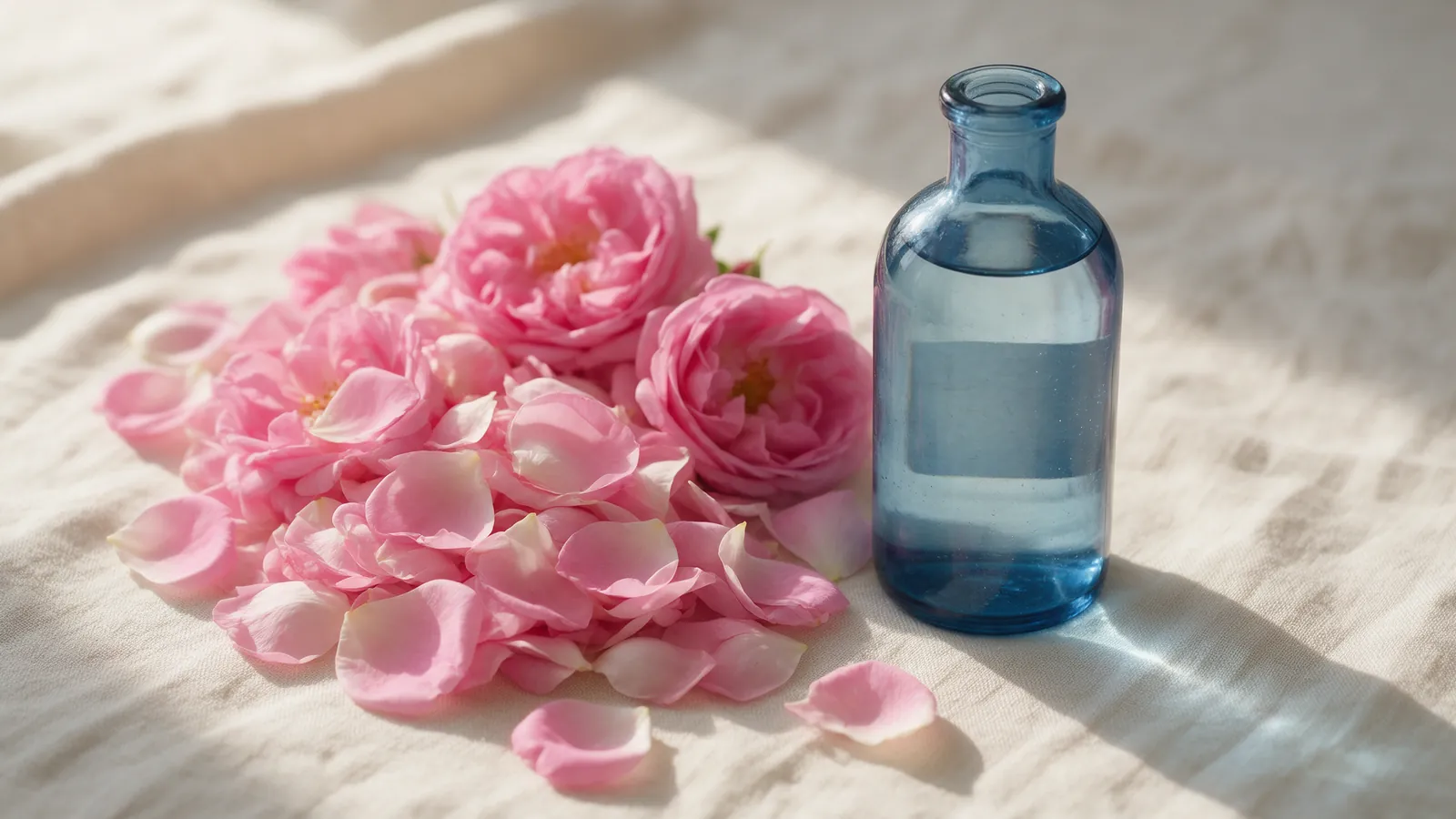 Pétales de rose de Damas fraîchement cueillis à côté d'un flacon d'hydrolat de rose en verre
