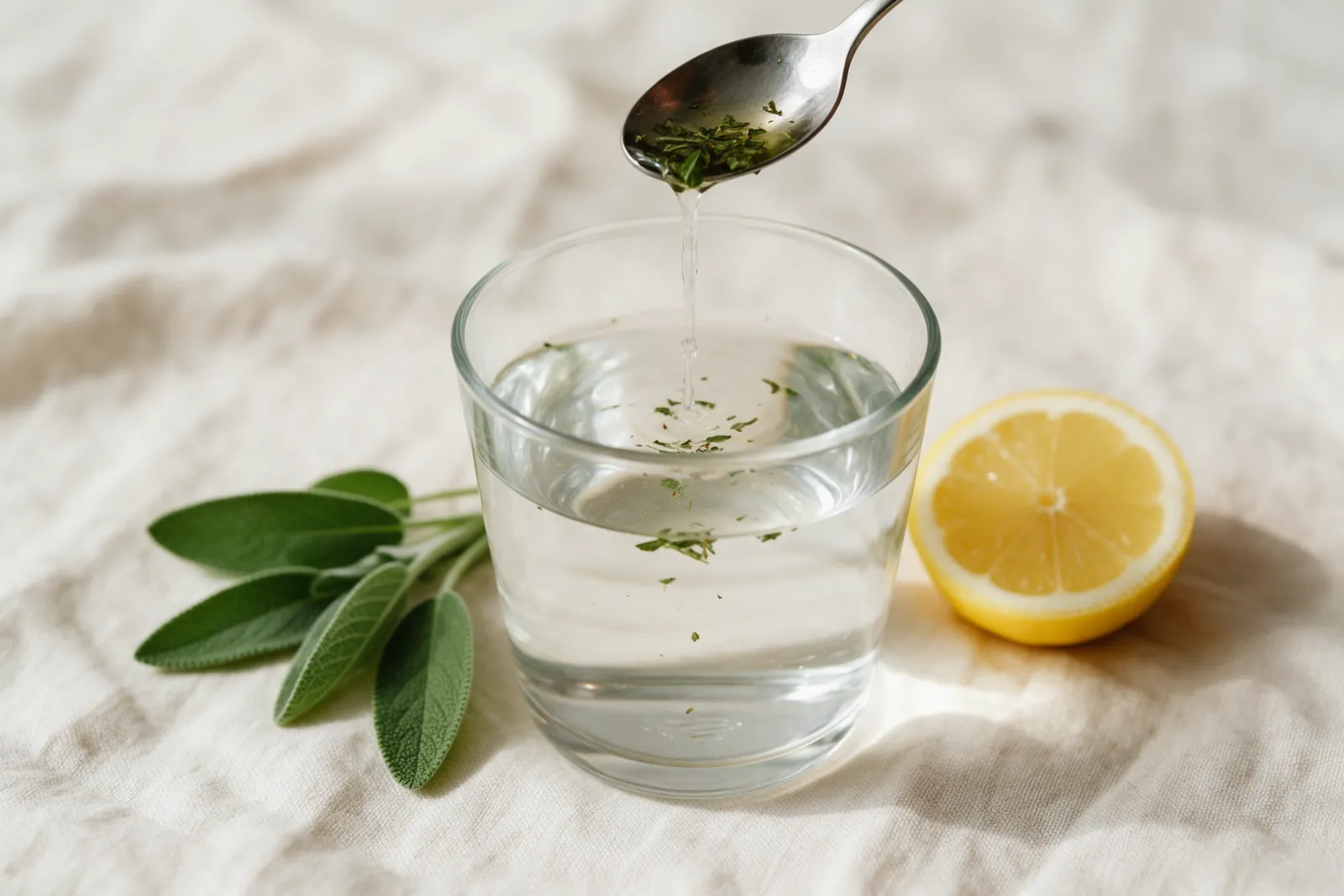Verre d'eau fraîche avec une cuillère d'hydrolat versée, feuilles de sauge et rondelle de citron