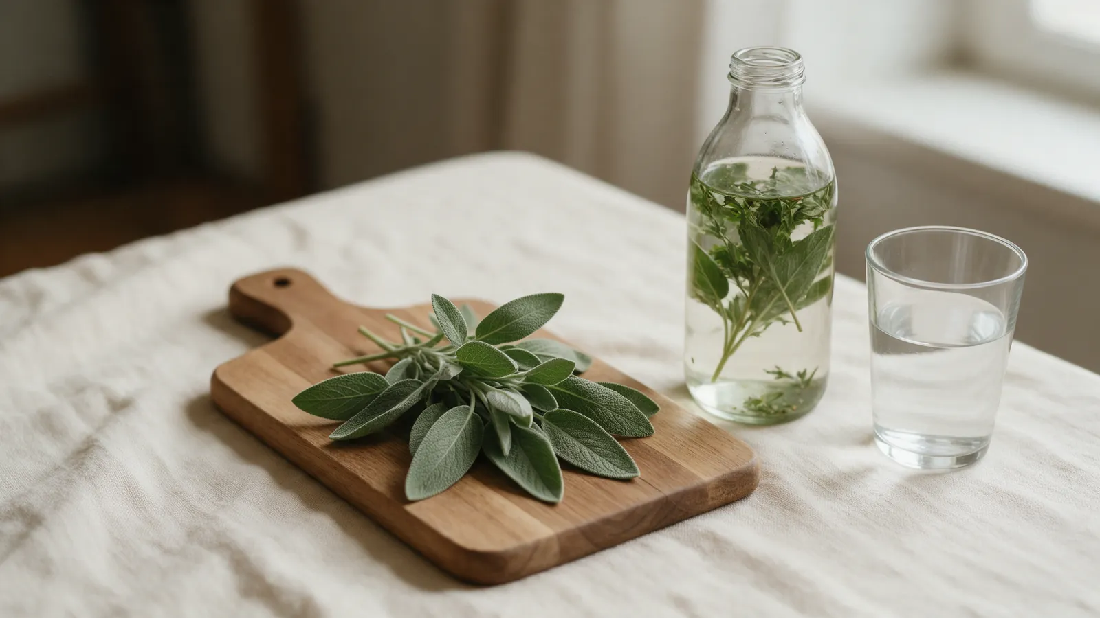 Feuilles de sauge officinale fraîches sur une planche en bois, à côté d'un flacon d'hydrolat et d'un verre d'eau