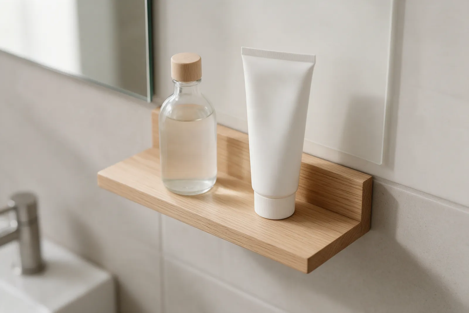 Flacon d'hydrolat simple et tube de crème émolliente sans parfum posés sur une étagère de salle de bains