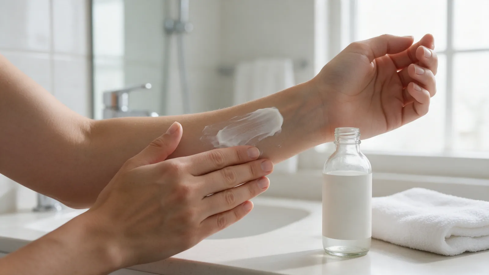 Mains appliquant une crème émolliente sur l'avant-bras, à côté d'un flacon d'hydrolat et d'une serviette blanche