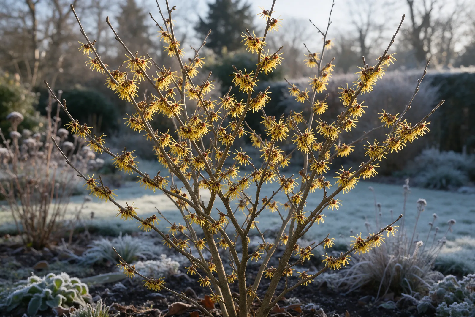 Arbuste d'hamamélis en fleurs jaunes dans un jardin en hiver
