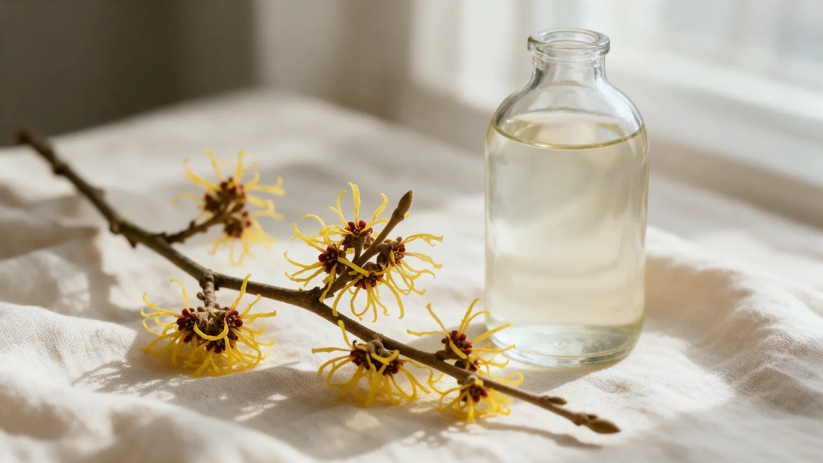 Fleurs jaunes en filaments d'hamamélis sur une branche en hiver, à côté d'un flacon d'hydrolat