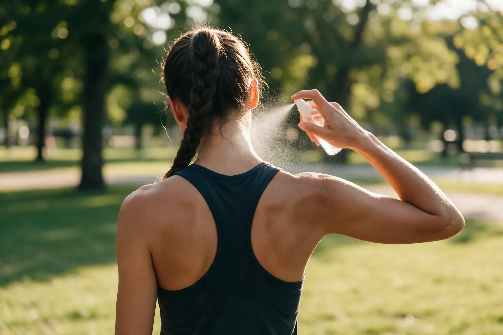Femme sportive vaporisant une brume fraîche sur sa nuque après une course, lumière d'été