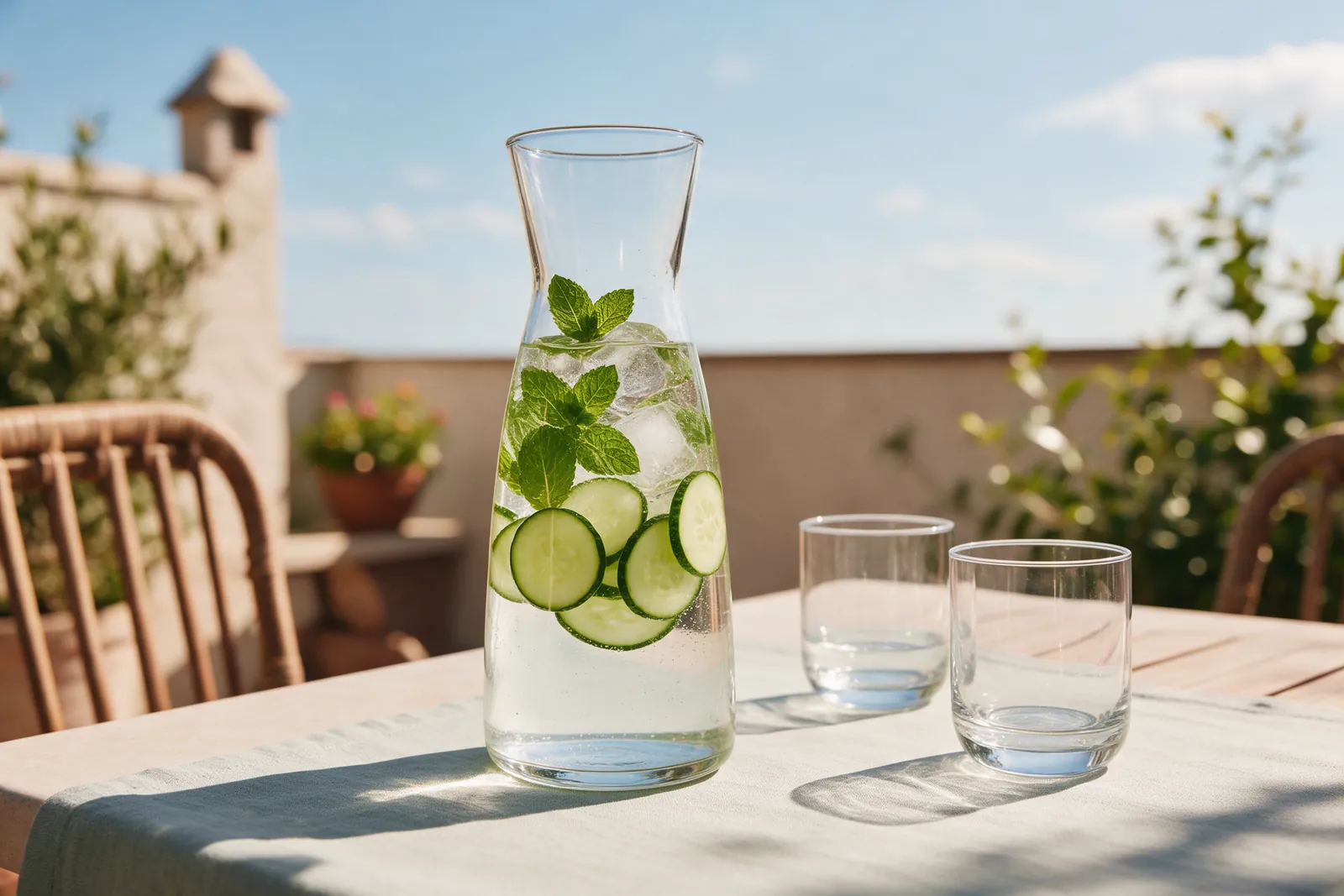 Carafe d'eau fraîche aromatisée à la menthe avec rondelles de concombre et glaçons sur une terrasse
