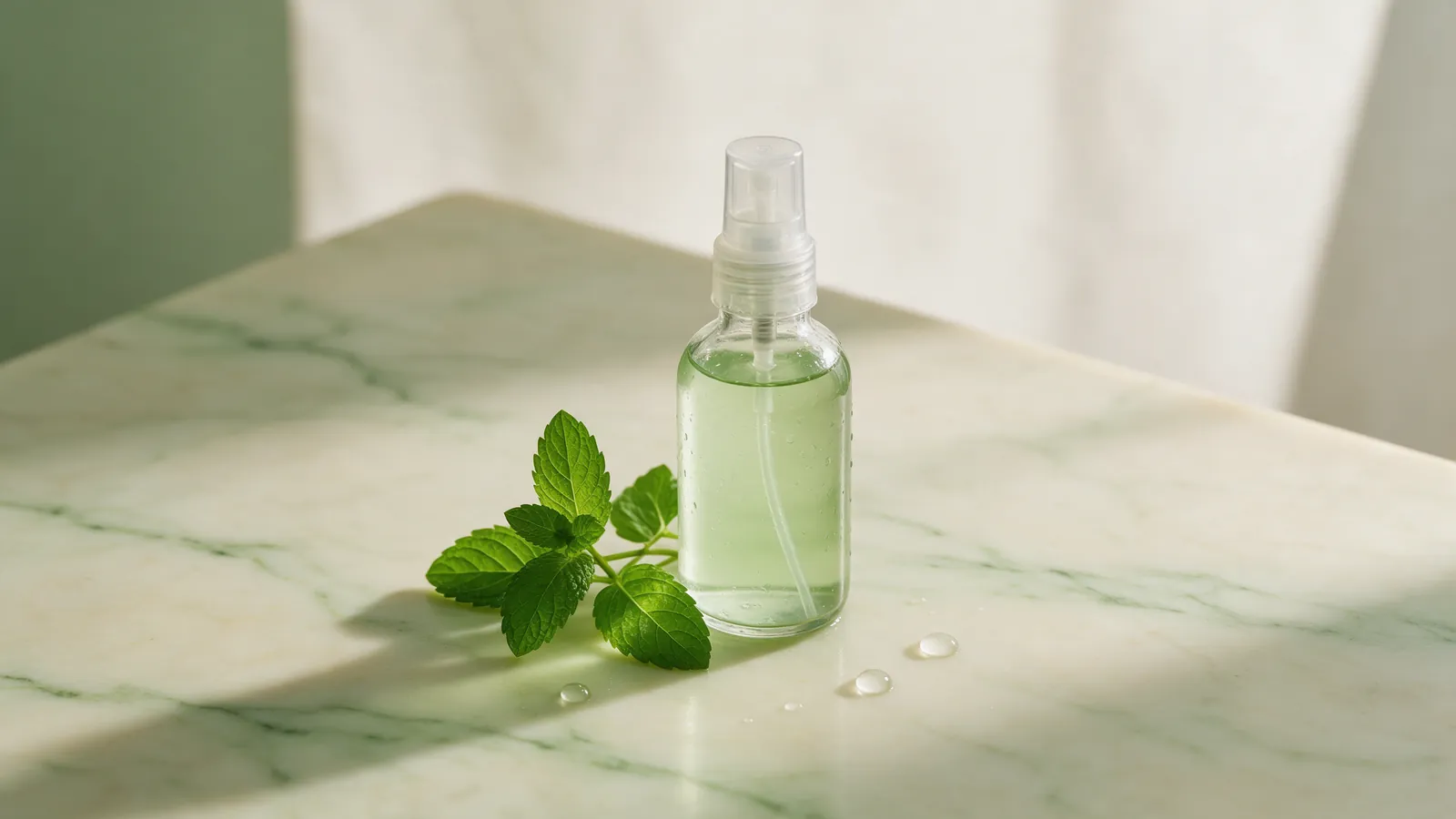 Brins de menthe poivrée fraîche et flacon d'hydrolat vaporisateur sur une table en marbre clair