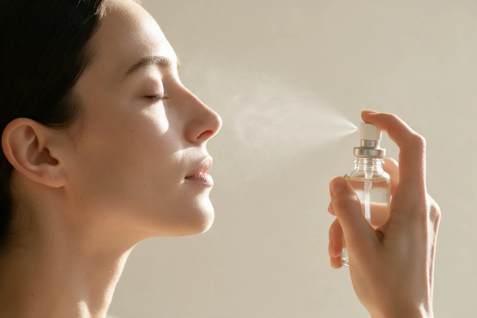 Visage de femme de profil vaporisant une brume d'hydrolat, lumière douce du matin