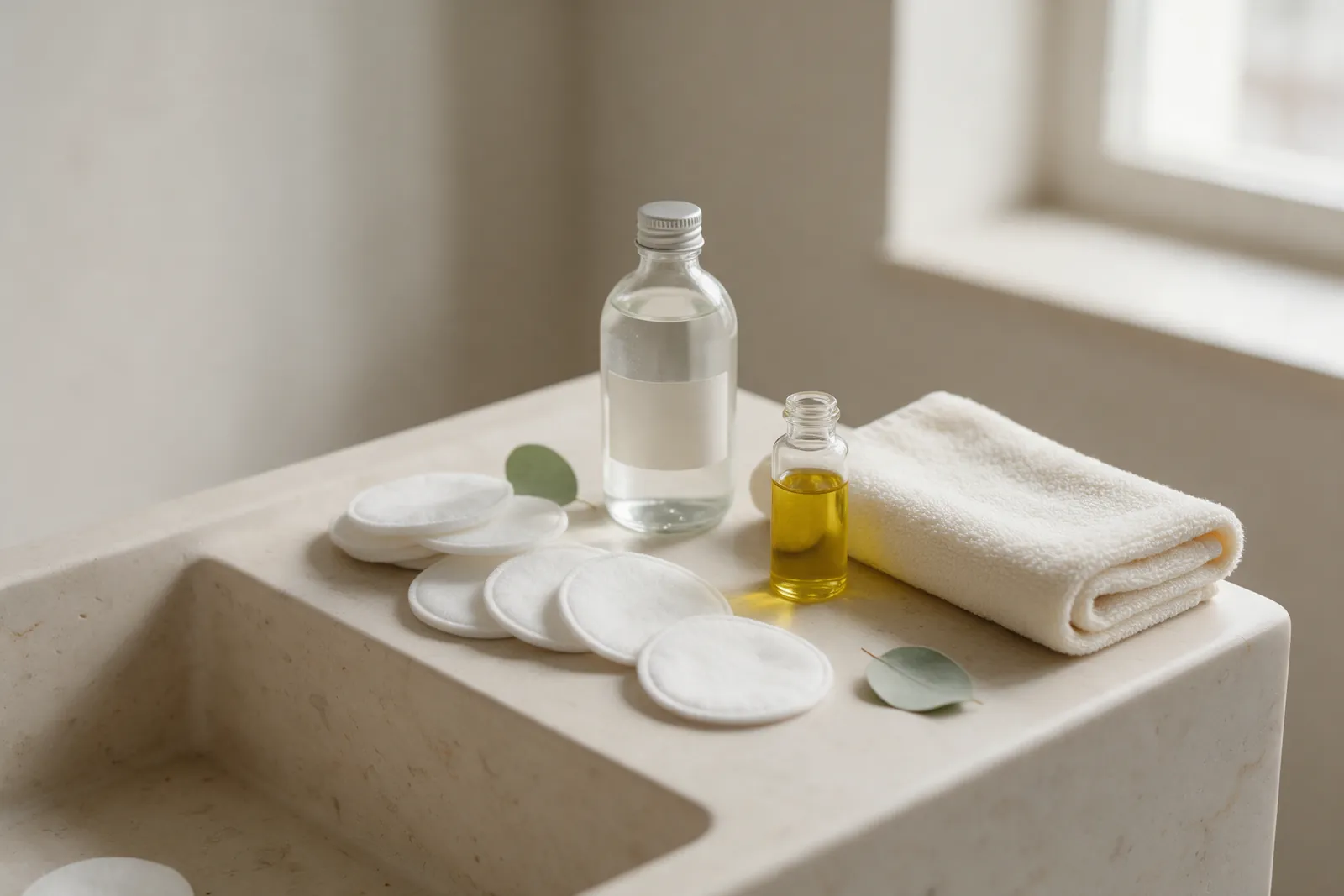 Routine de soin sur une vasque en pierre : coton, flacon d'hydrolat et petite fiole d'huile végétale