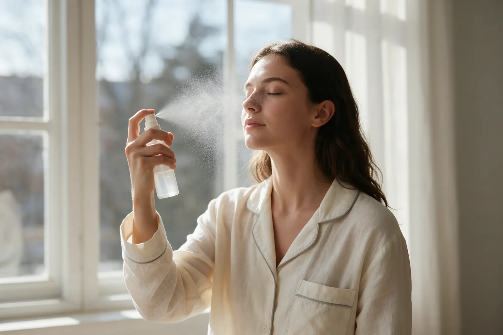 Femme au réveil vaporisant une brume sur son visage devant une fenêtre lumineuse
