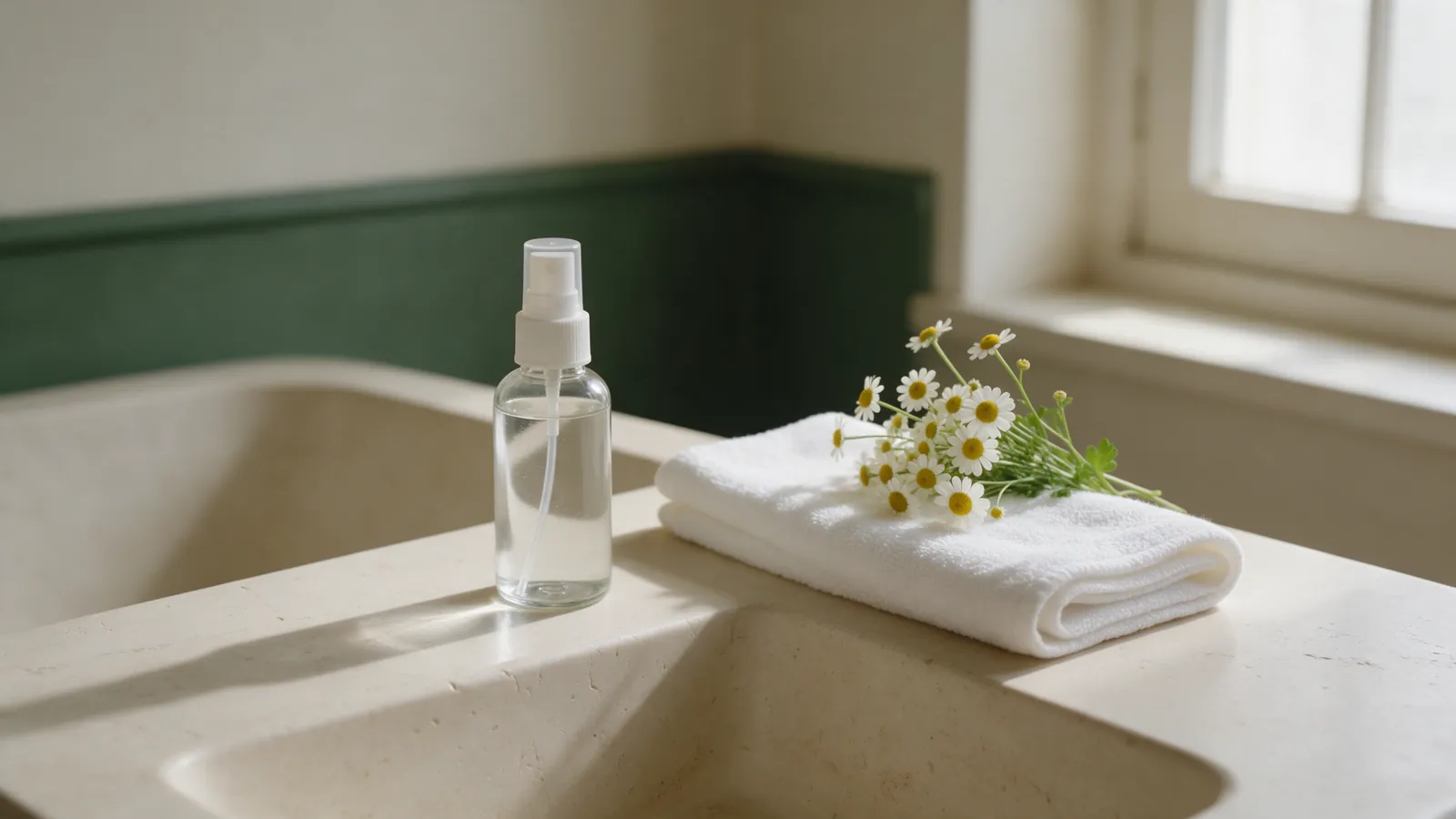 Brumisateur d'hydrolat posé sur une vasque claire, à côté d'une serviette pliée et d'un bouquet de camomille